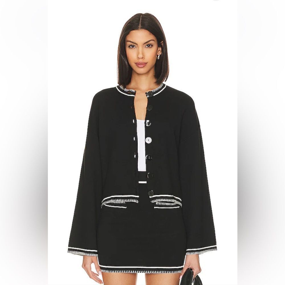 SNDYS Daphne Cardigan in Black knit sweater white trim loose fit Revolve New M